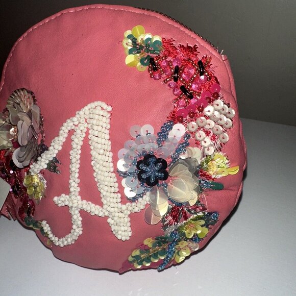 Sold Anthropologie "A" Anna Harlow Russo Leather Pink Beaded Pouch Makeup Bag - Picture 3 of 6